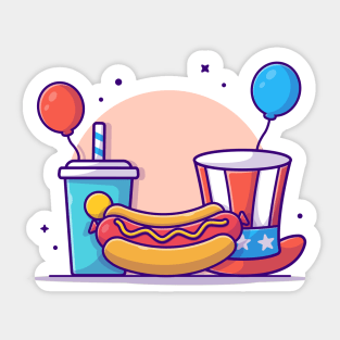 Tasty Hotdog with USA Independence Day Flag Soda, Hat and Balloon Cartoon Vector Icon Illustration Sticker